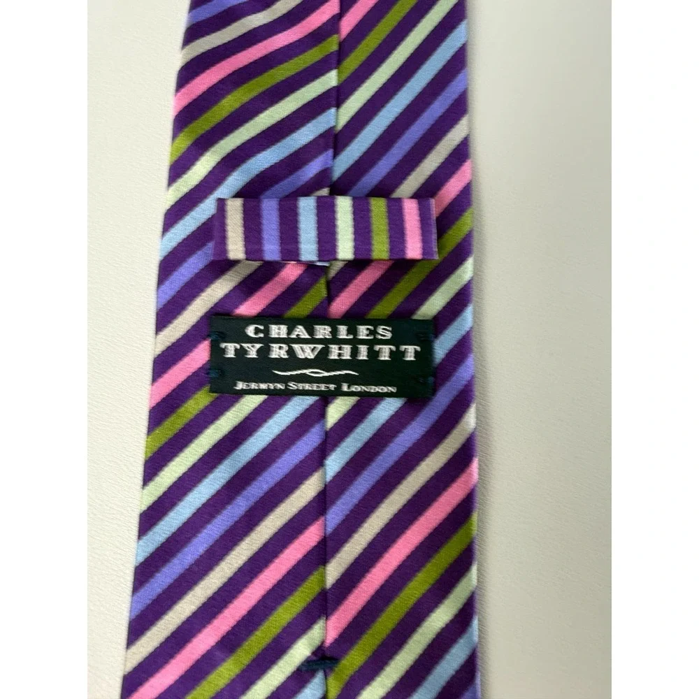 Charles‎ Tyrwhitt Mens Silk Tie Purple Blue Pink Green Striped Made in Italy